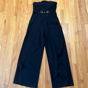 Wide leg, strapless jumpsuit! Gold accent, slit on side of legs